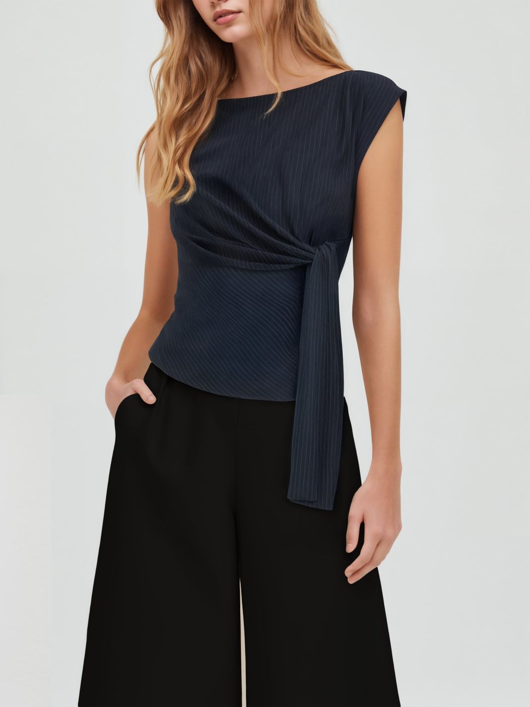 Boat Neck Stripe Knotted Oversized Top