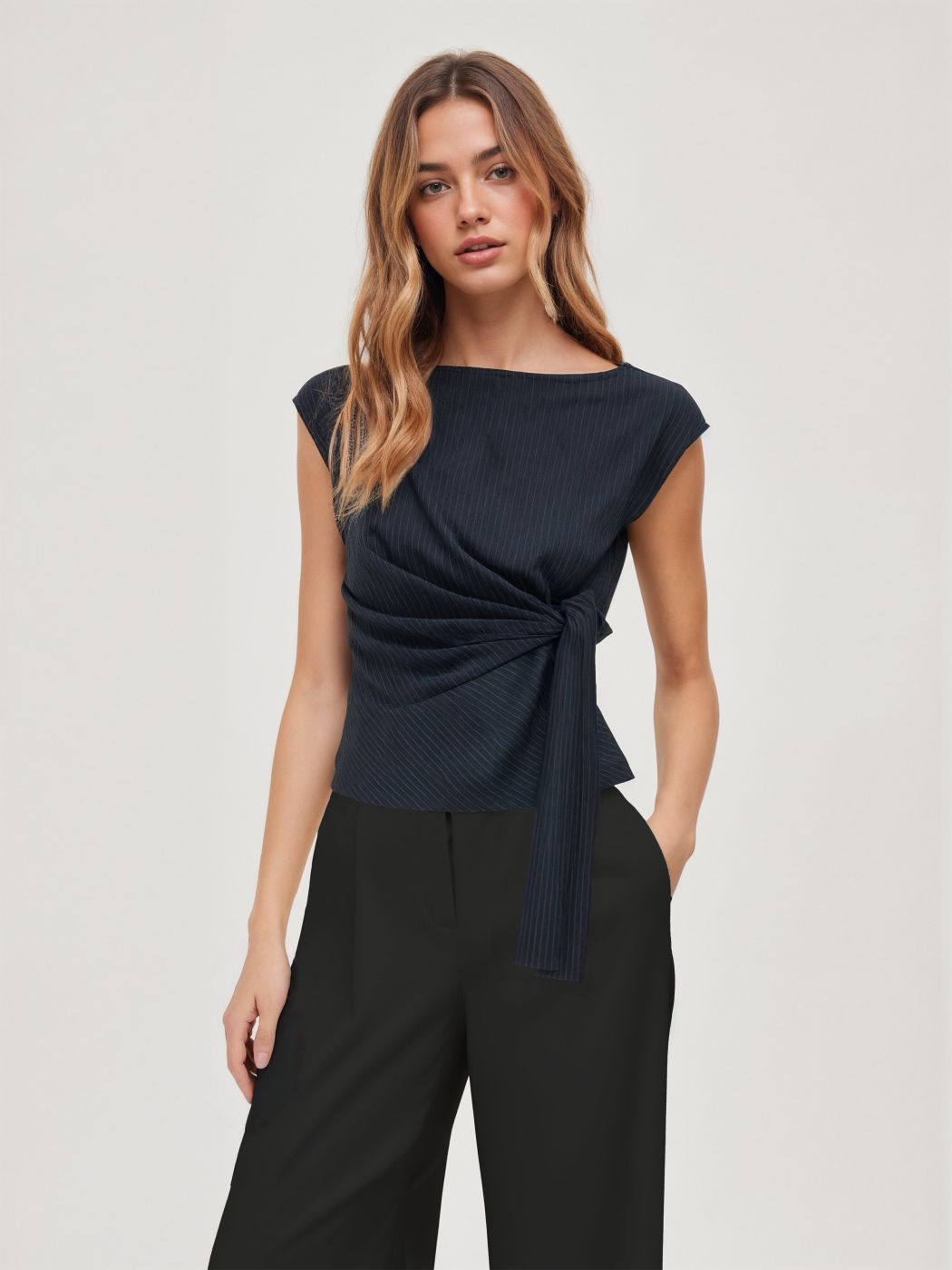 Boat Neck Stripe Knotted Oversized Top