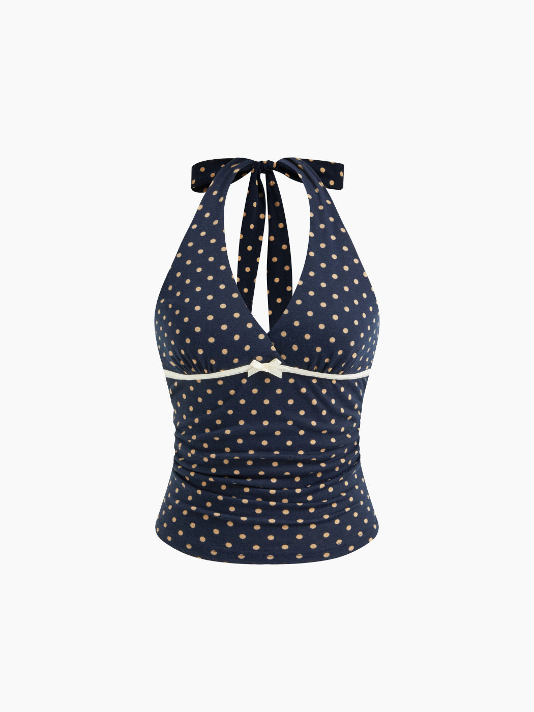 V-neck Halter Polka Dot Bowknot Ruched Tank Top