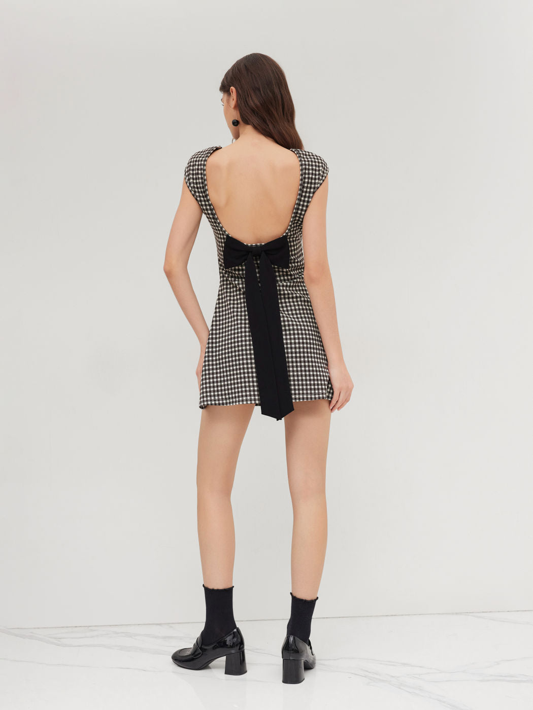 Boat Neck Gingham Backless Bowknot Mini Dress