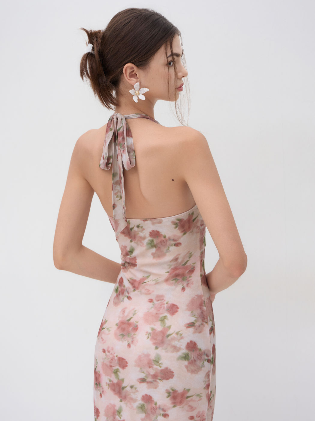 Halter Neckline Floral Ruched Lace Trim Ruffle Maxi Dress