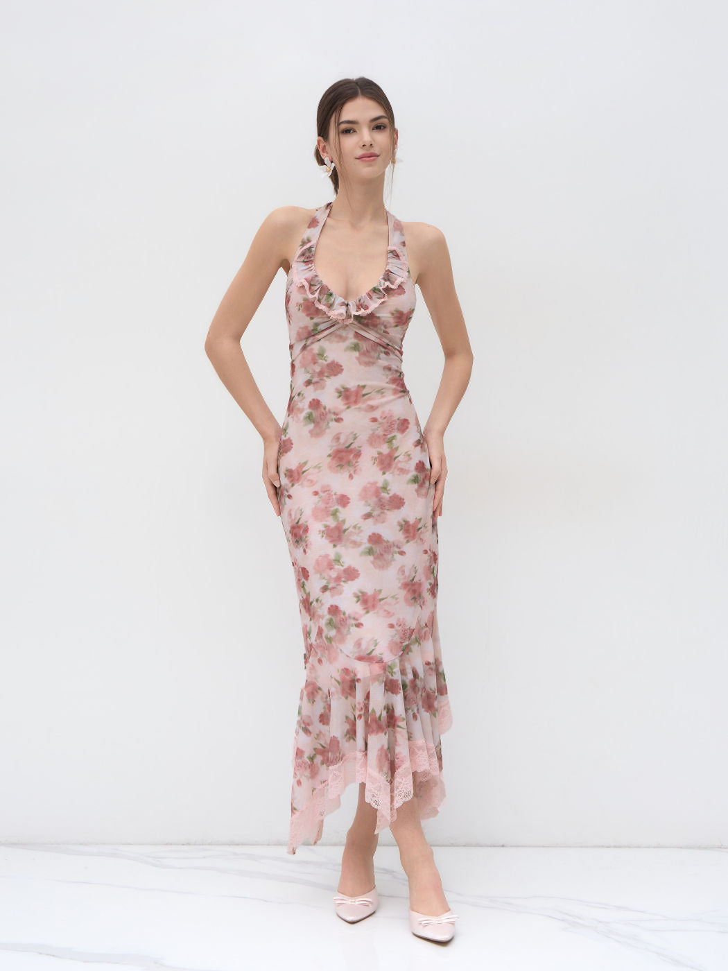 Halter Neckline Floral Ruched Lace Trim Ruffle Maxi Dress
