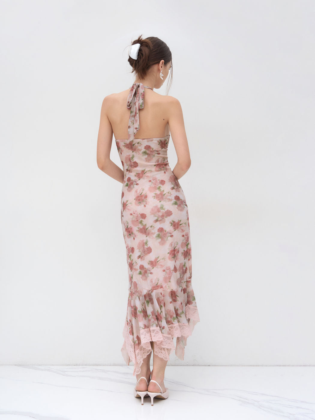 Halter Neckline Floral Ruched Lace Trim Ruffle Maxi Dress