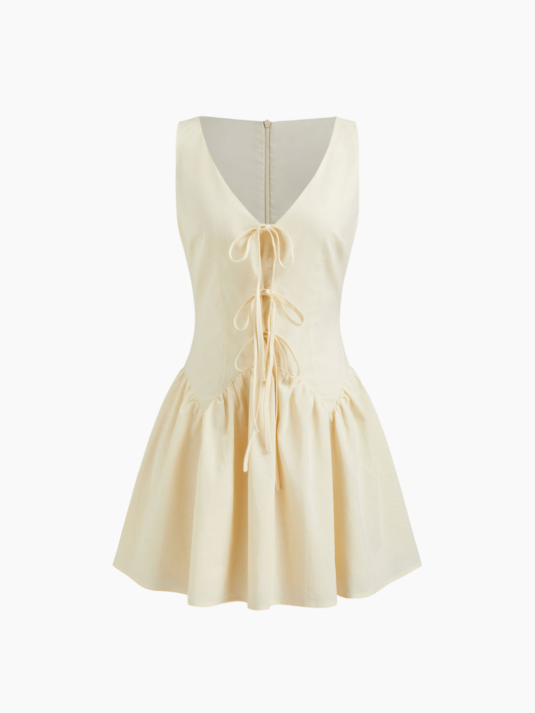 Linen-blend V-neck Tie Front Bow Ruffle Mini Dress