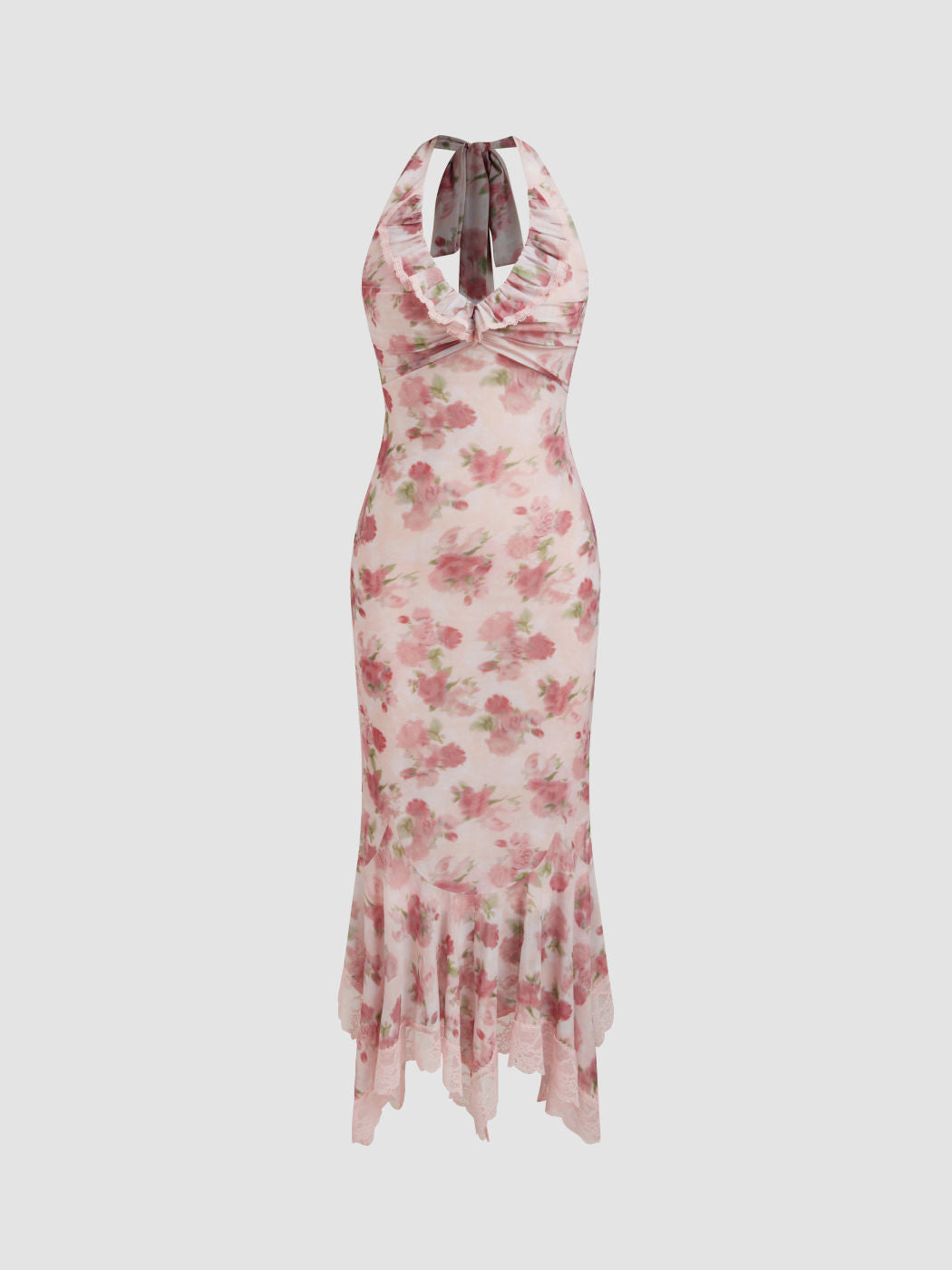 Halter Neckline Floral Ruched Lace Trim Ruffle Maxi Dress