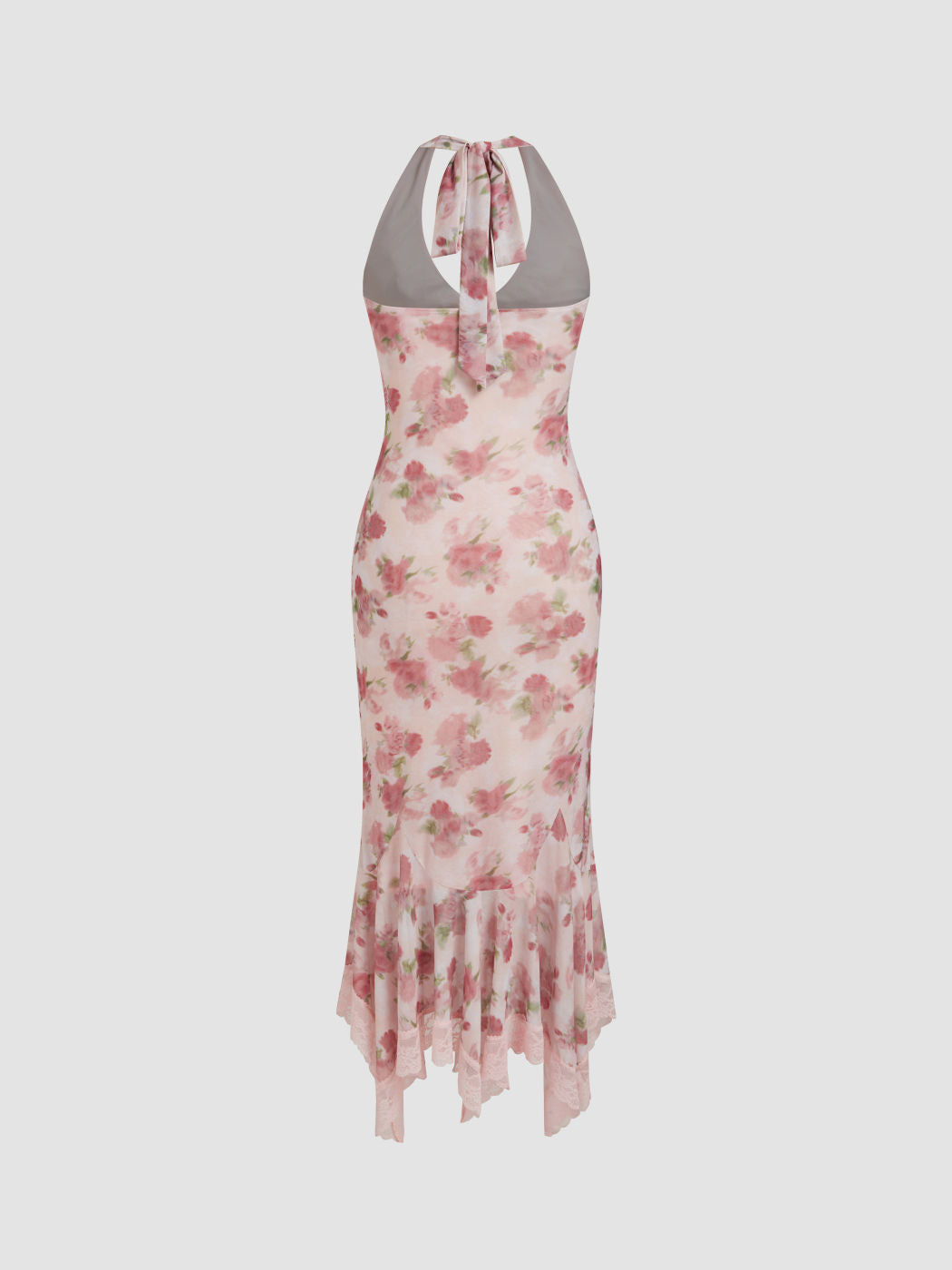 Halter Neckline Floral Ruched Lace Trim Ruffle Maxi Dress