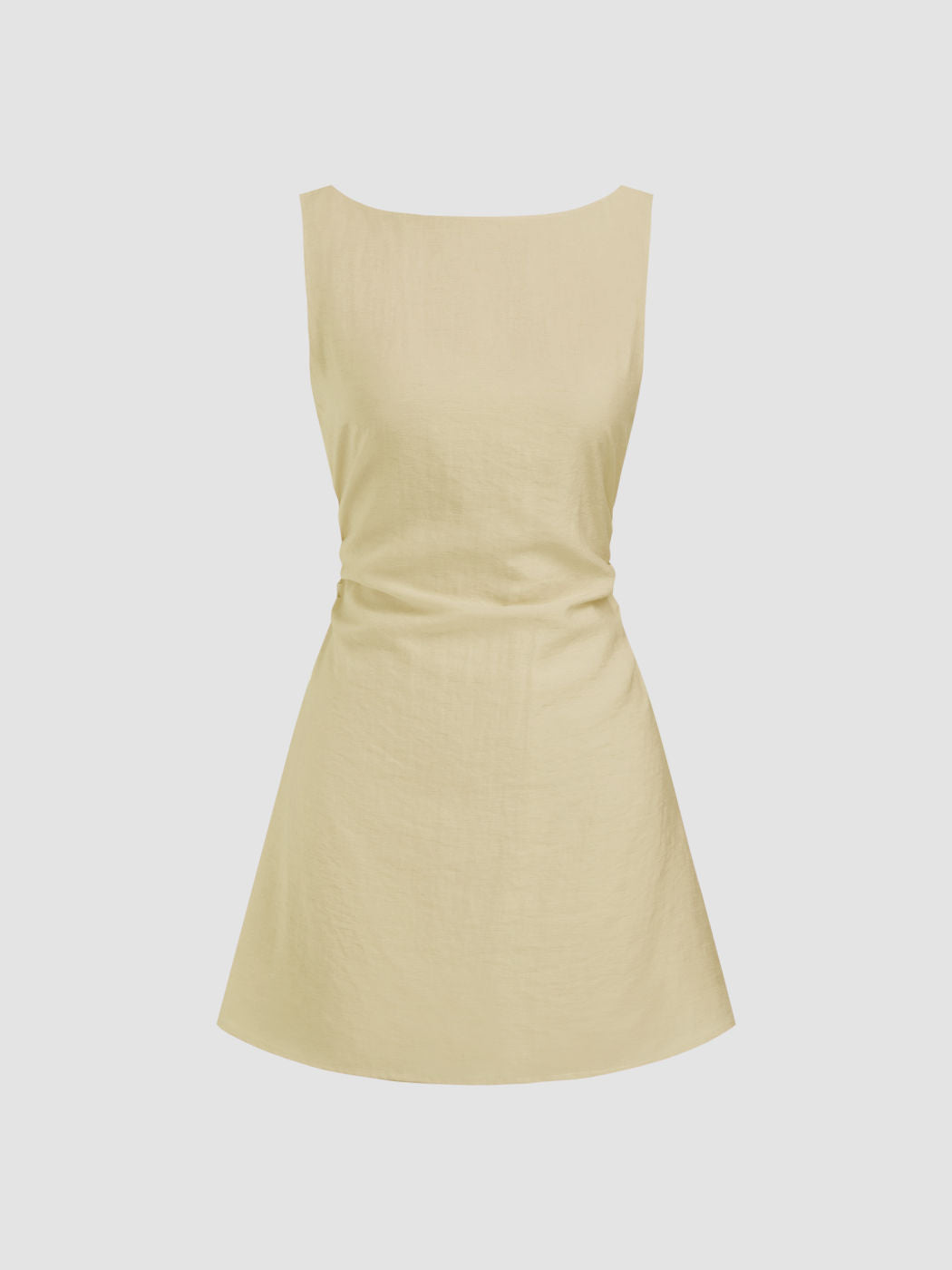 Linen-blend Boat Neck Solid Knotted Backless Mini Dress