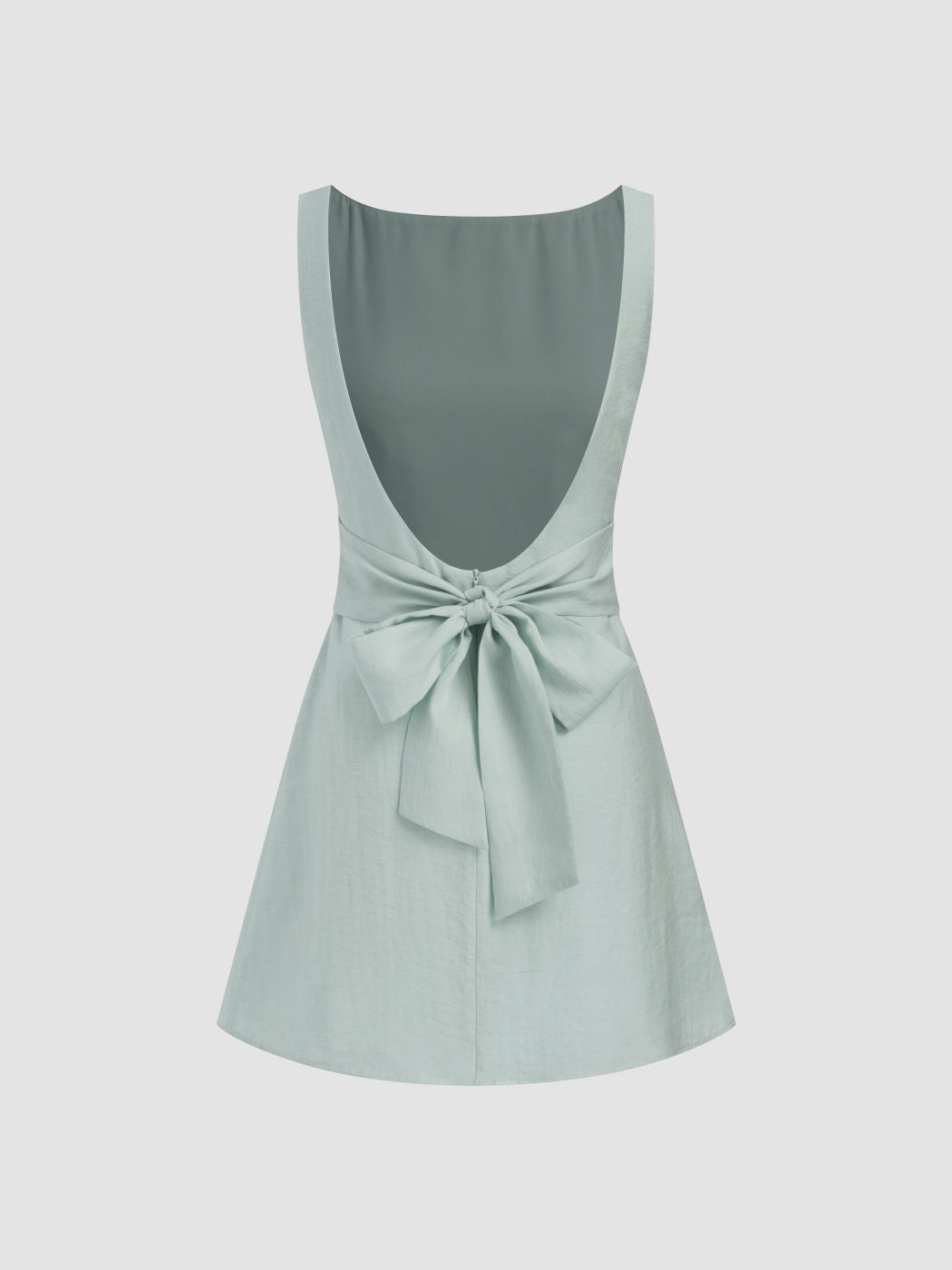 Linen-blend Boat Neck Solid Knotted Backless Mini Dress