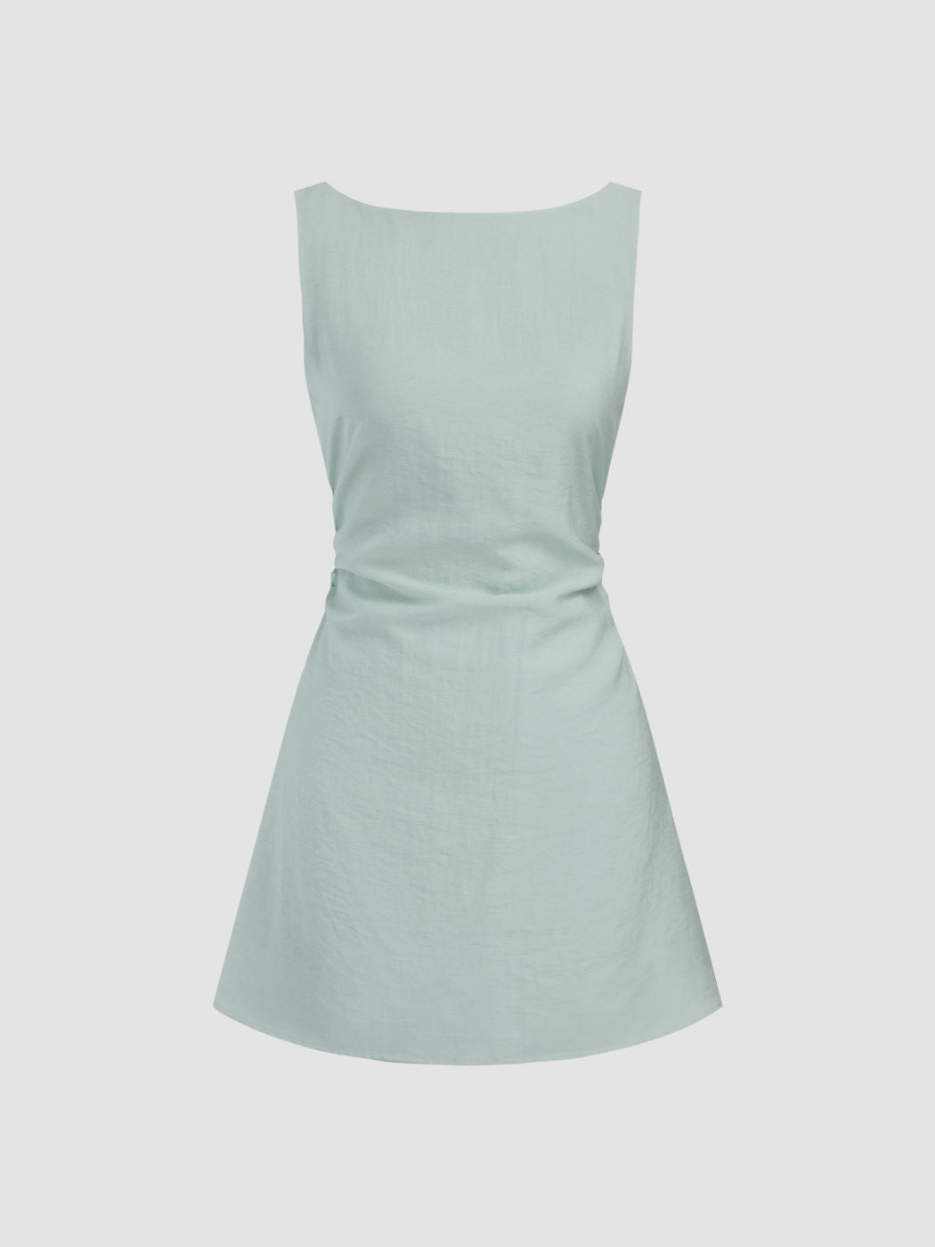 Linen-blend Boat Neck Solid Knotted Backless Mini Dress