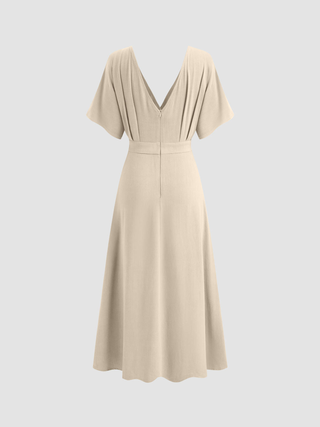 Linen-blend V-neck Solid Ruffle Split Maxi Dress