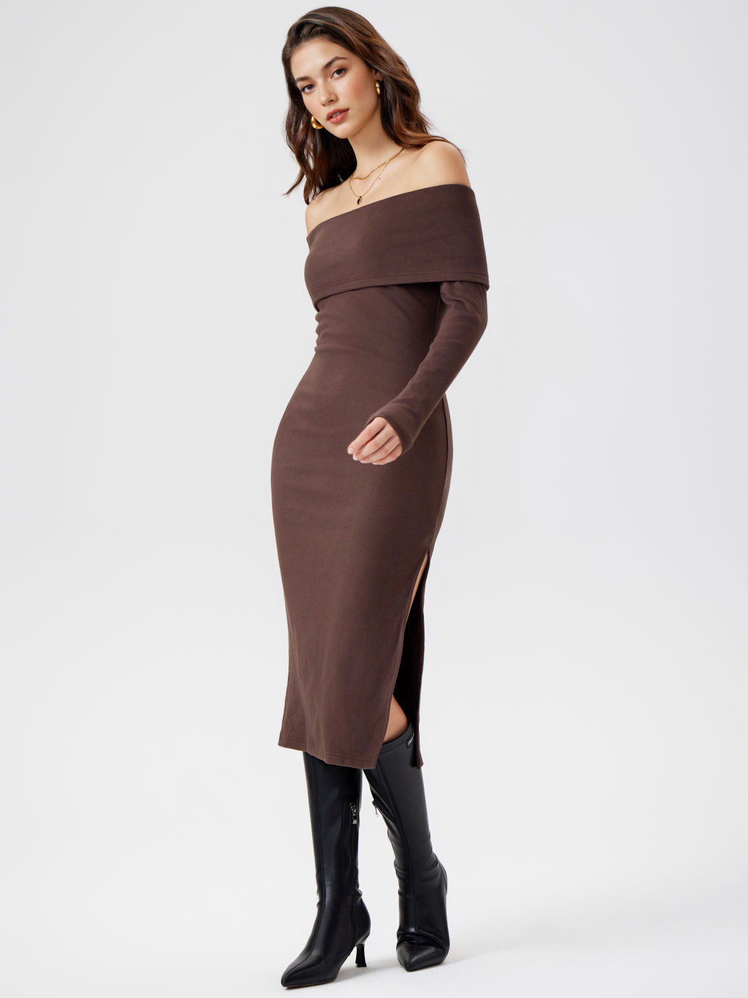 Jersey Off-shoulder Solid Split Midi Dress