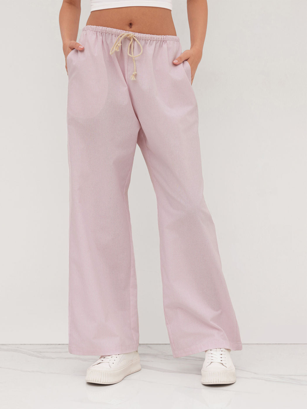 Linen-blend Mid Rise Stripe Drawstring Straight Leg Trousers