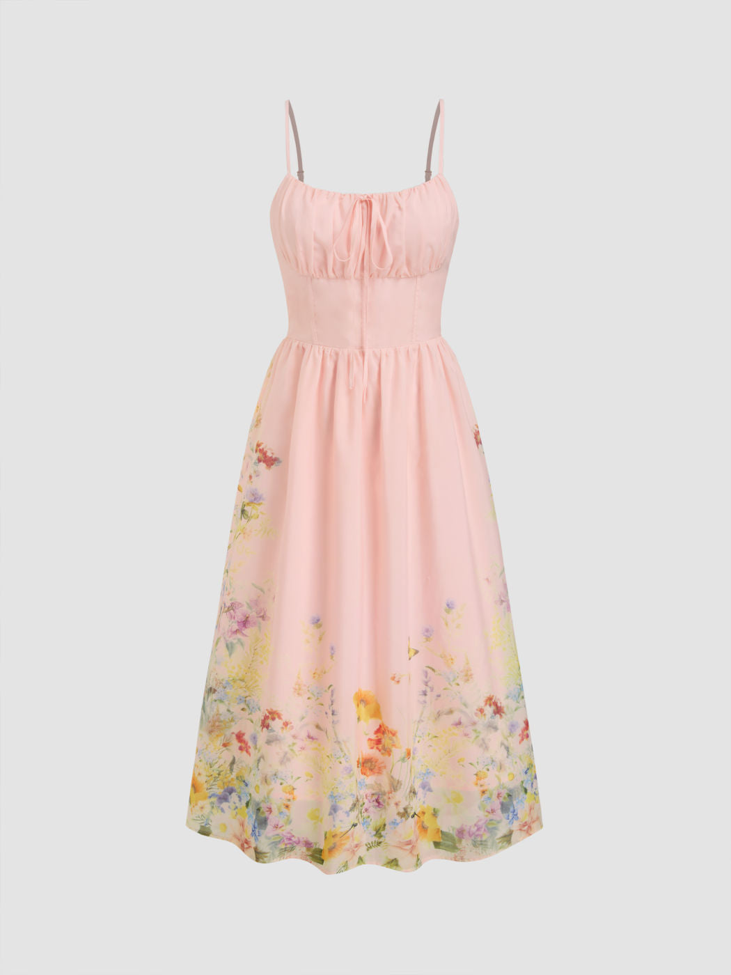 Square Neck Floral Shirred Midi Dress
