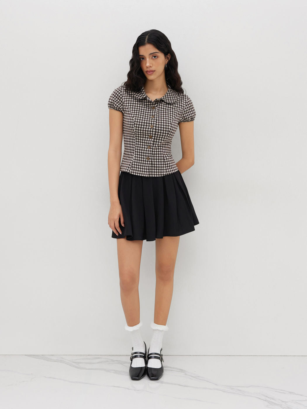 Peter Pan Collar Gingham Button Puff Sleeve Top