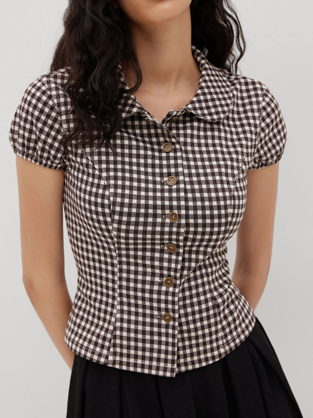 Peter Pan Collar Gingham Button Puff Sleeve Top