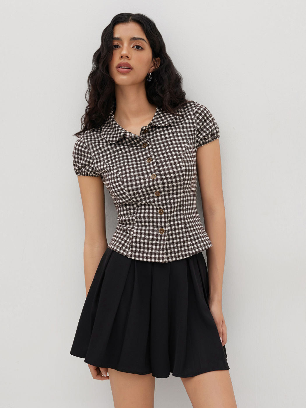 Peter Pan Collar Gingham Button Puff Sleeve Top