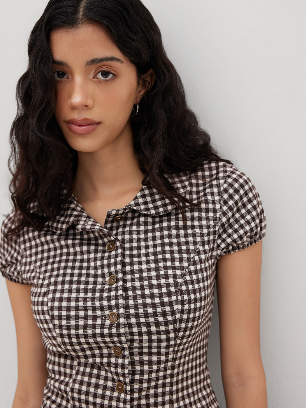 Peter Pan Collar Gingham Button Puff Sleeve Top
