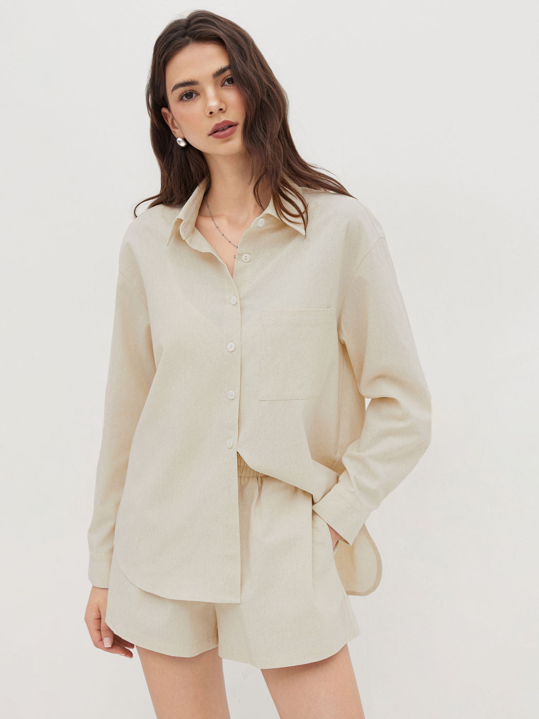 Linen-blend Polo Shirt & Mid Rise Elastic Waist Shorts Set