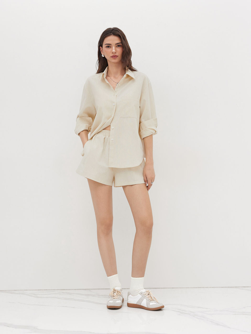 Linen-blend Polo Shirt & Mid Rise Elastic Waist Shorts Set