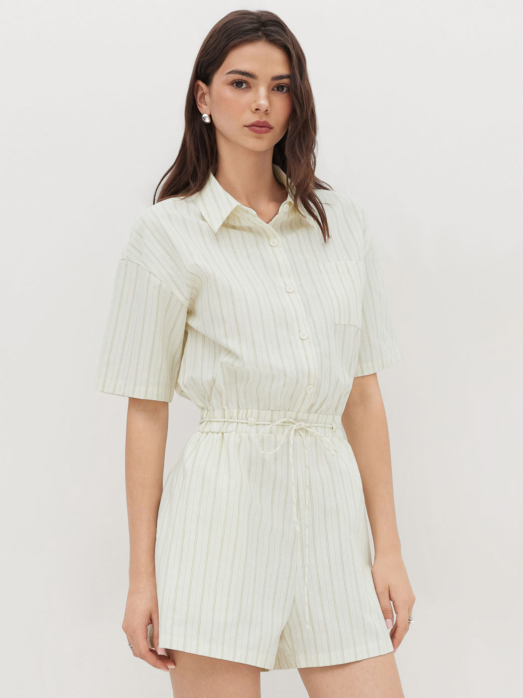 Cotton-blend Polo Stripe Romper With Belt