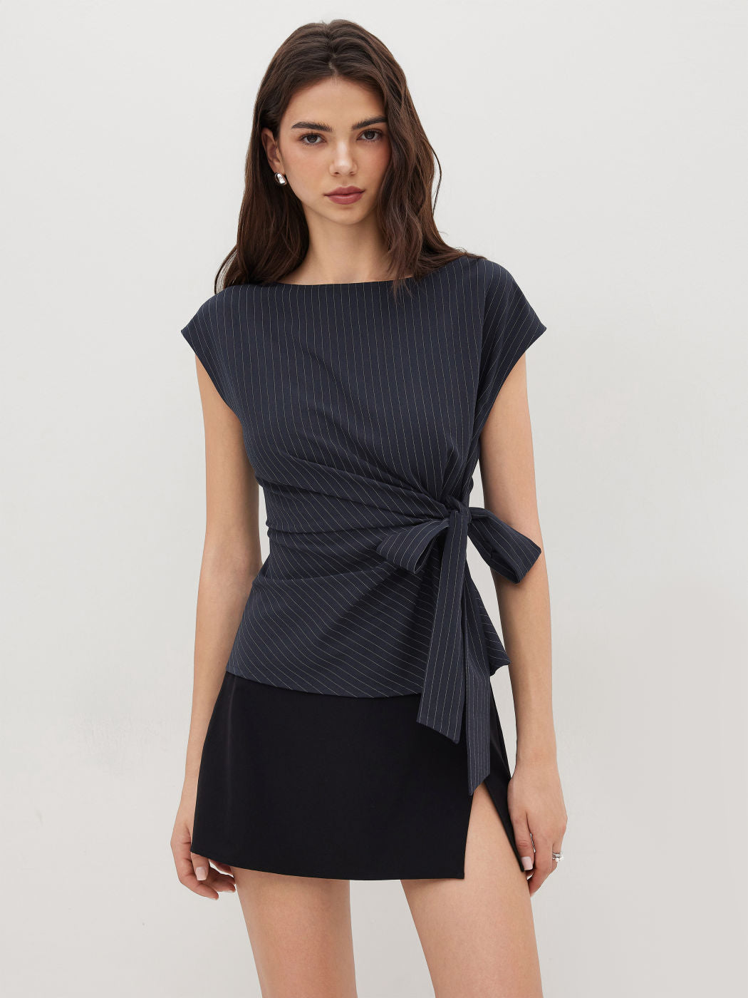 Boat Neck Stripe Knotted Oversized Top