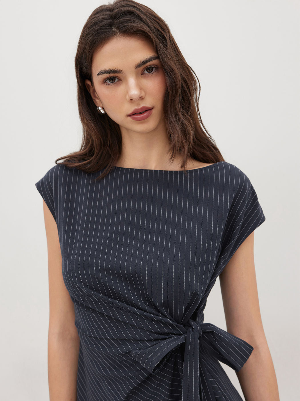 Boat Neck Stripe Knotted Oversized Top
