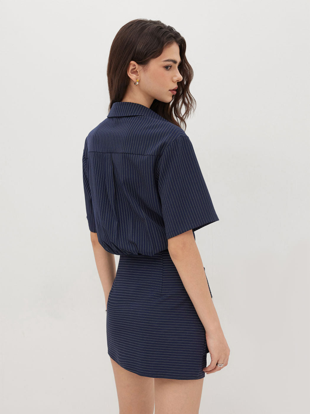 Collar Stripe Button Ruched Mini Shirt Dress