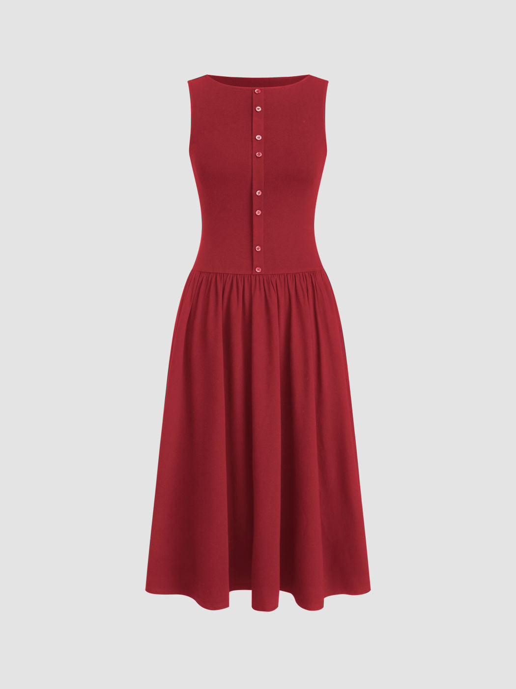 Boat Neck Button Up Ruffle Midi Dress