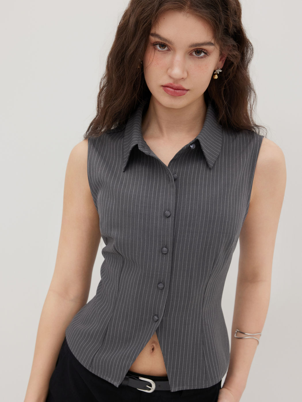 Collar Stripe Button Through Tank Top