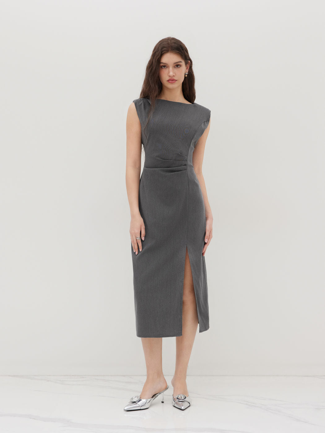 Boat Neck Ruched Split Maxi Dress