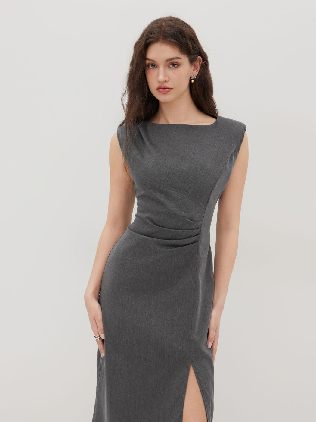 Boat Neck Ruched Split Maxi Dress