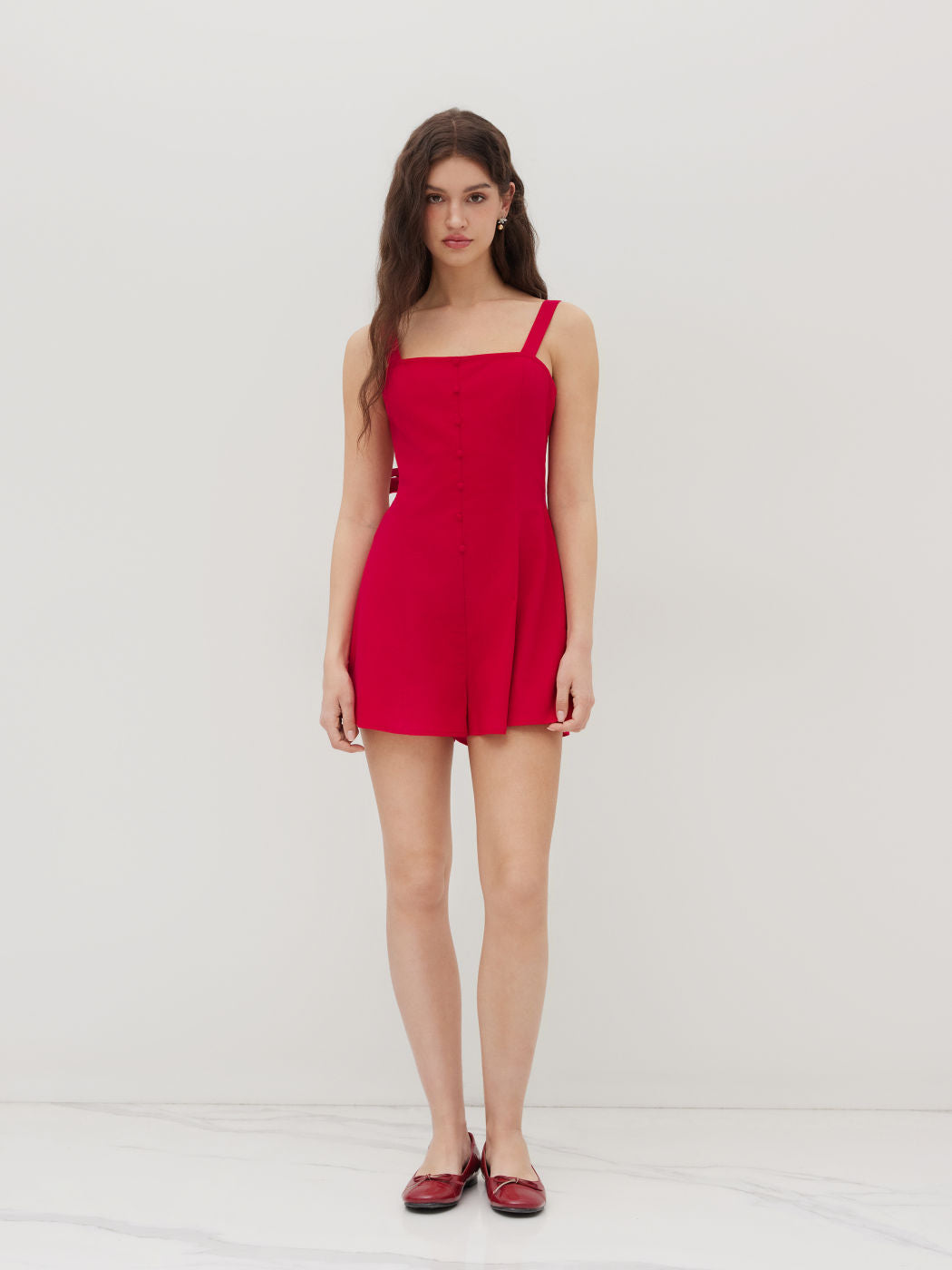 Linen-blend Square Neck Bowknot Backless Romper