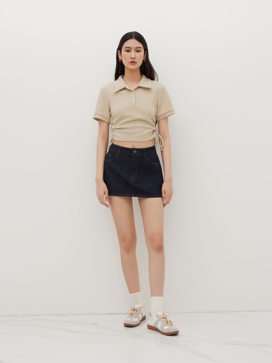 Cotton-blend Collar Drawstring Short Sleeve Top
