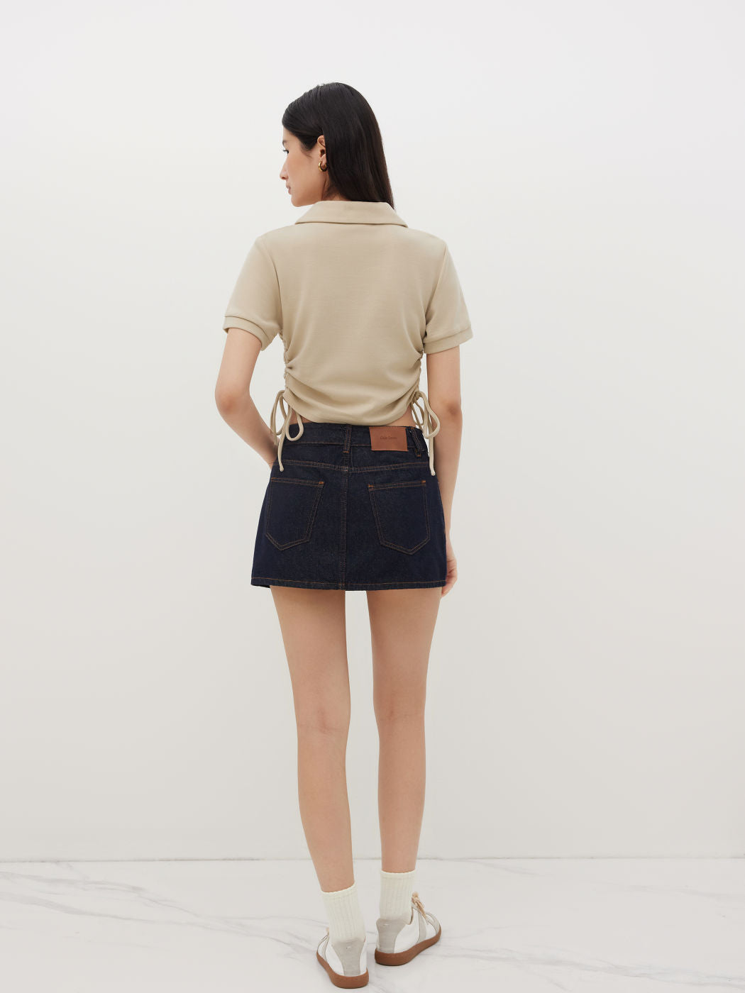 Cotton-blend Collar Drawstring Short Sleeve Top