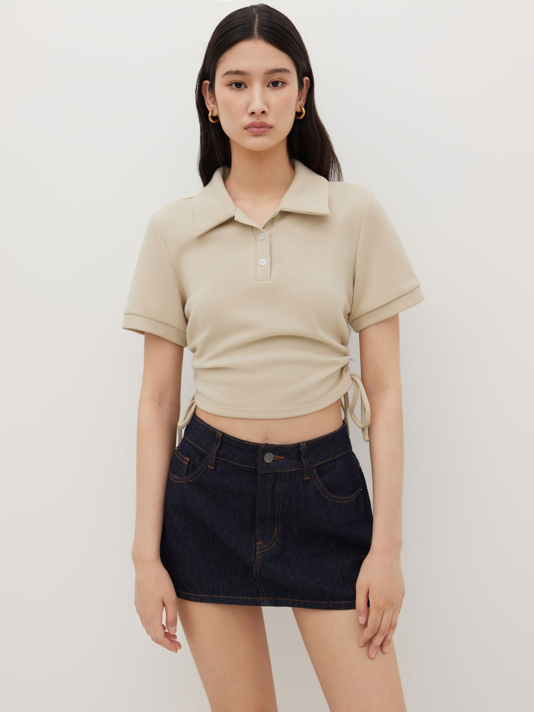 Cotton-blend Collar Drawstring Short Sleeve Top