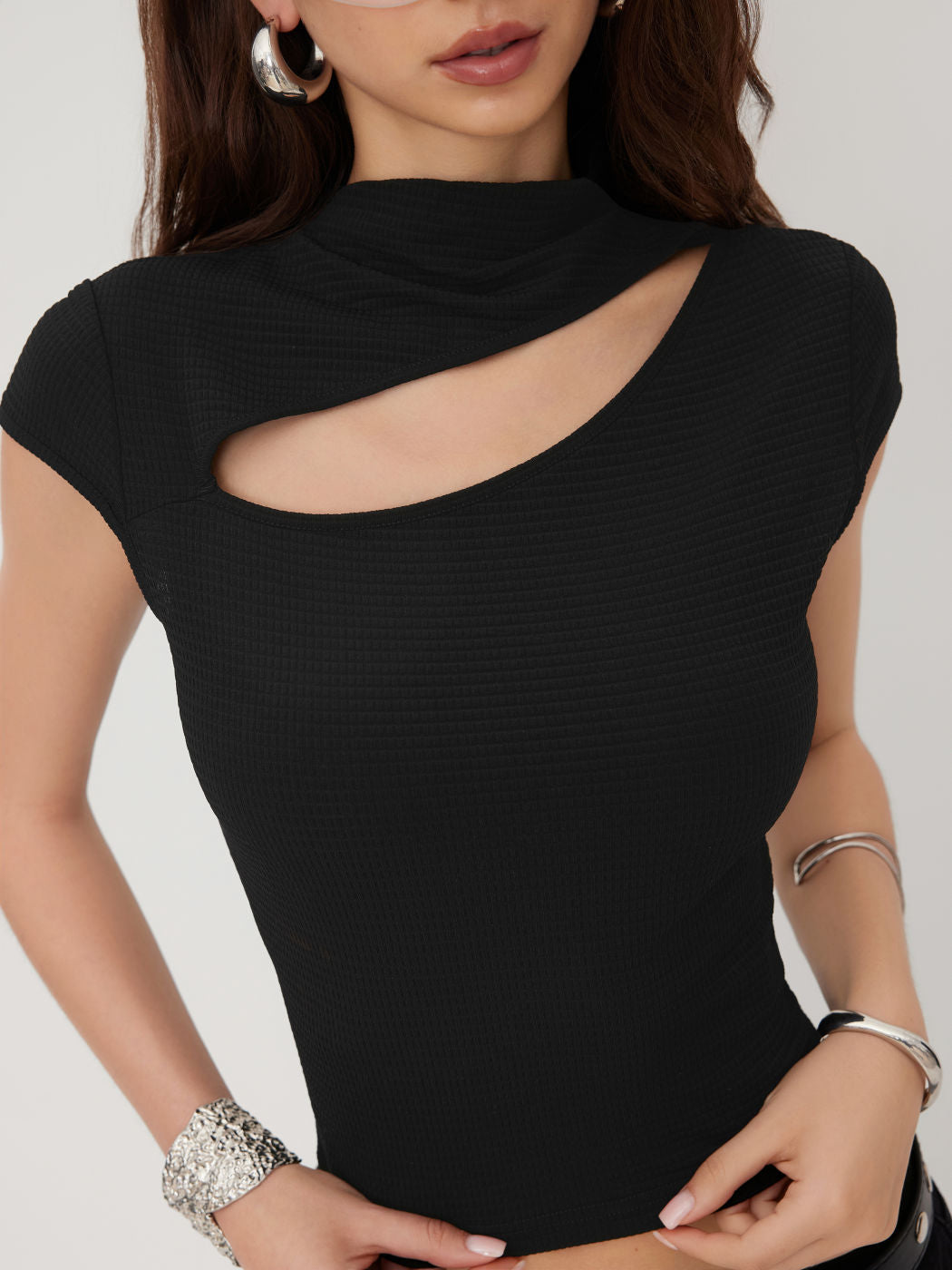 High Neck Cut Out Short Sleeve Tee