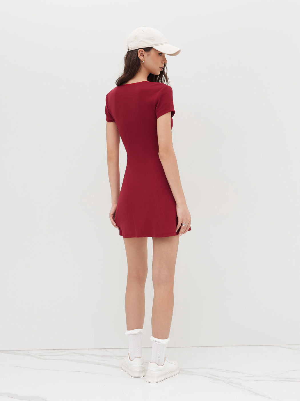 Cotton-blend U-neckline Lace Trim Bowknot Mini Dress