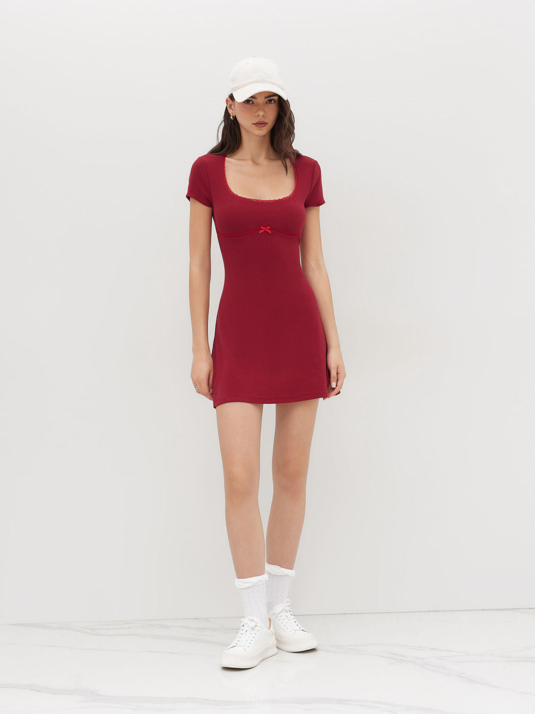 Cotton-blend U-neckline Lace Trim Bowknot Mini Dress