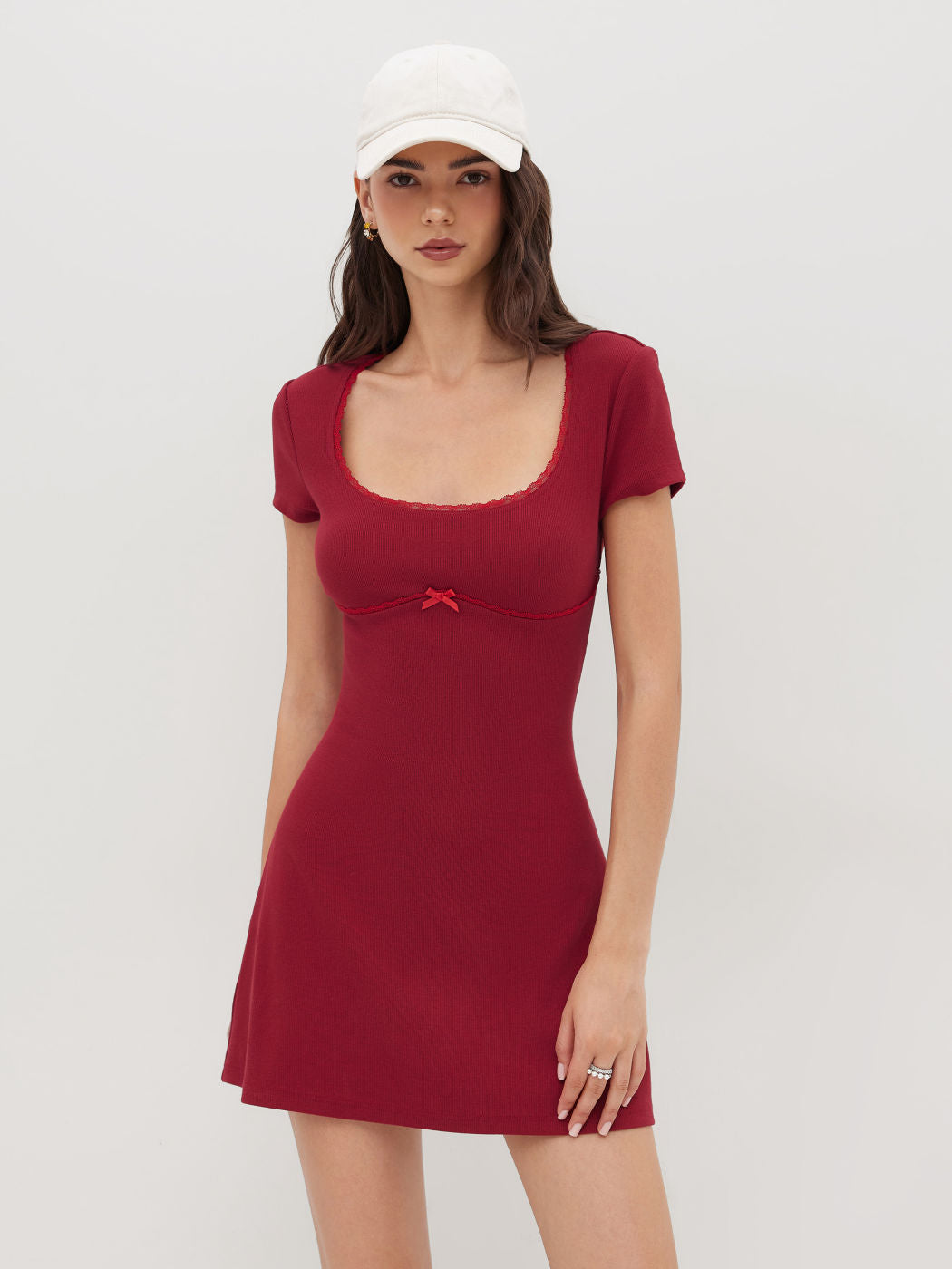Cotton-blend U-neckline Lace Trim Bowknot Mini Dress
