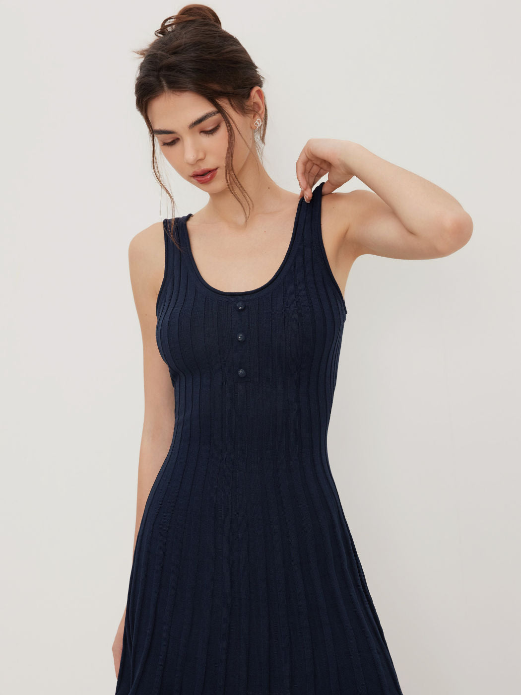 Knit U-neckline Rib Button Mini Dress