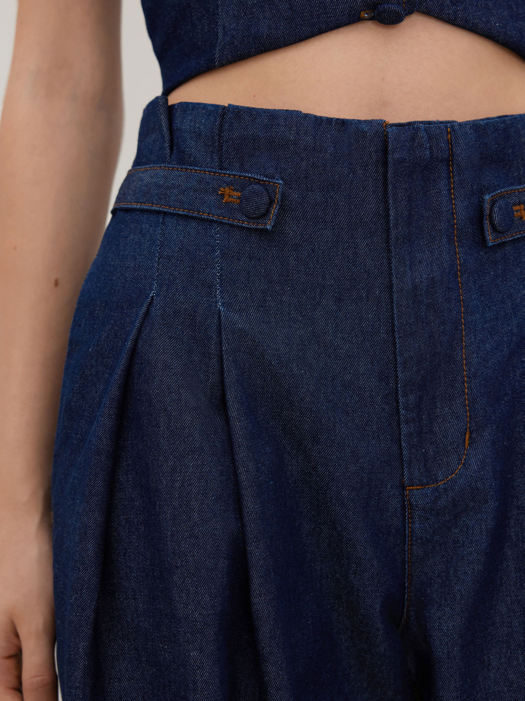 Denim Mid Rise Pleated Wide Leg Jeans