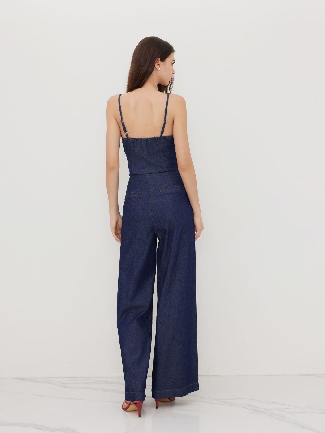 Denim Mid Rise Pleated Wide Leg Jeans