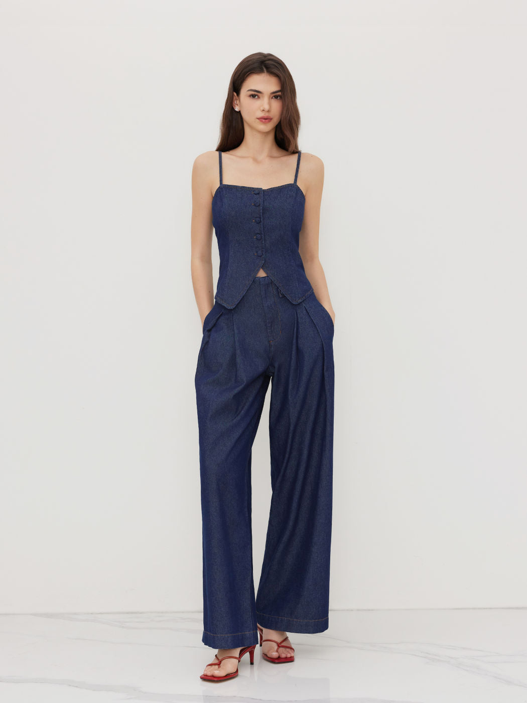 Denim Mid Rise Pleated Wide Leg Jeans