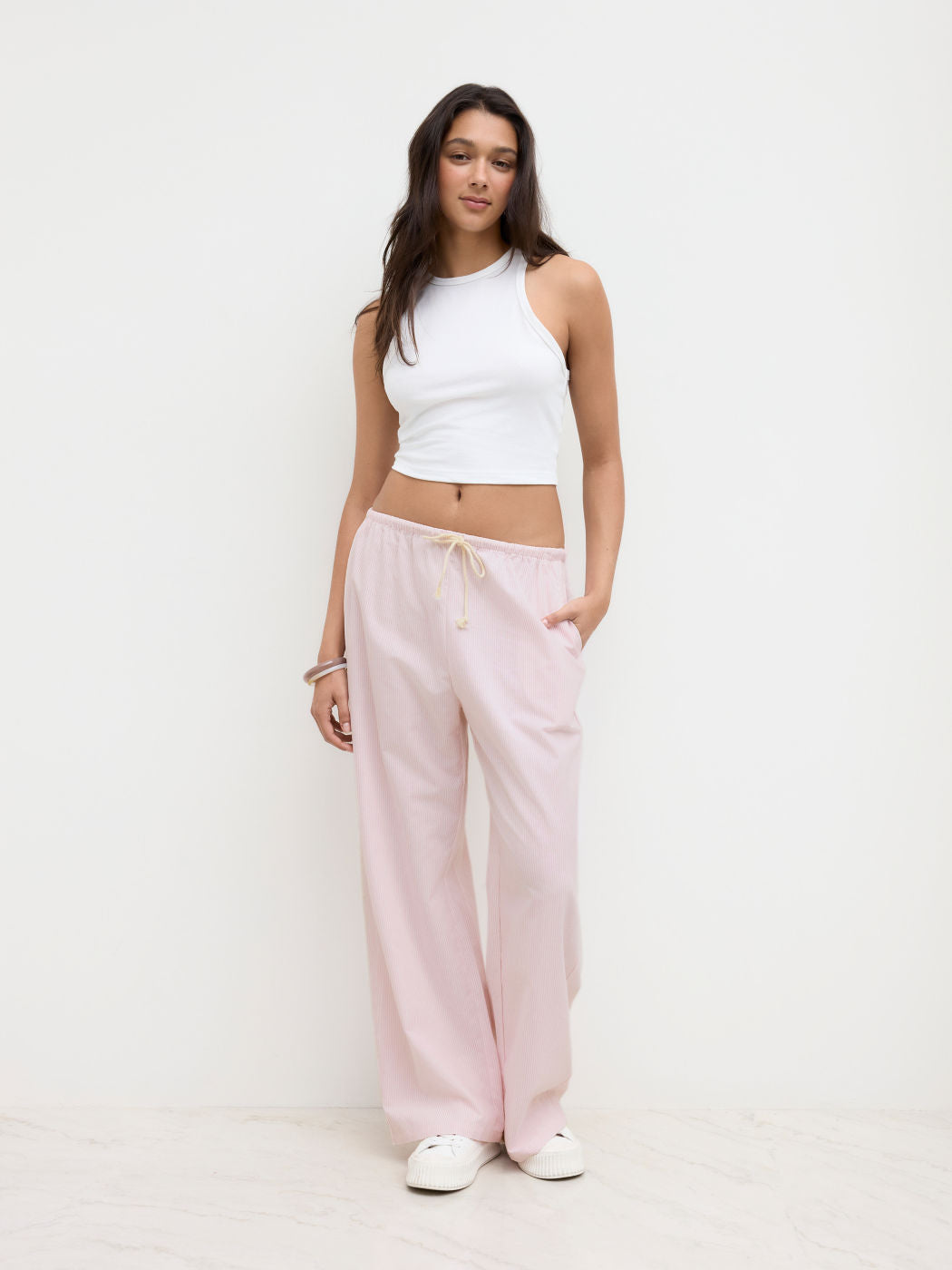 Linen-blend Mid Rise Stripe Drawstring Straight Leg Trousers