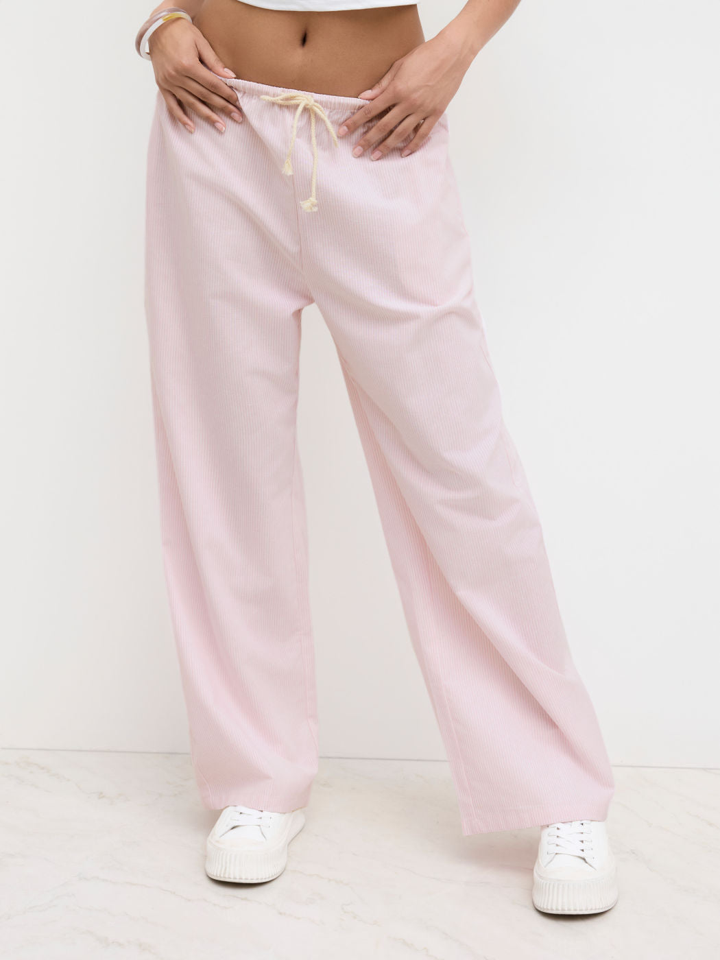 Linen-blend Mid Rise Stripe Drawstring Straight Leg Trousers