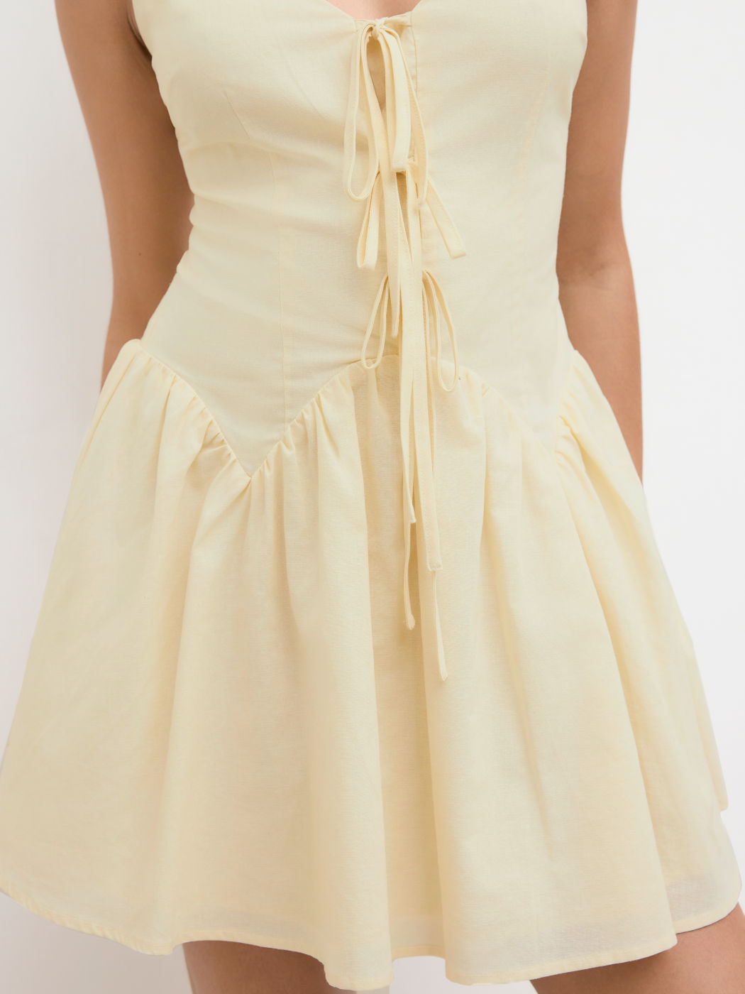 Linen-blend V-neck Tie Front Bow Ruffle Mini Dress