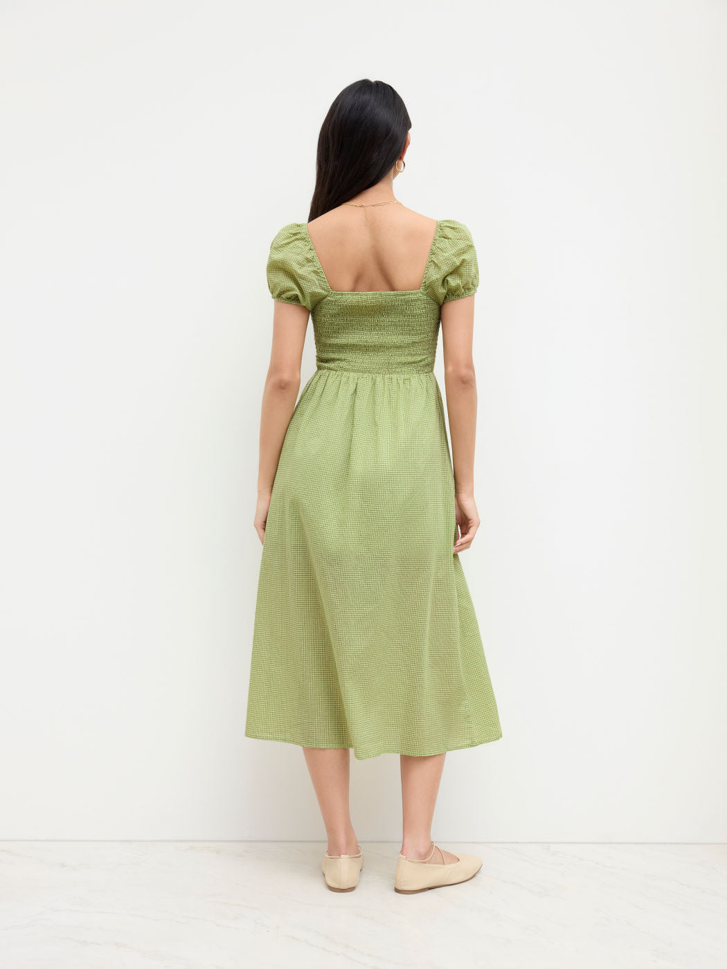 Cotton-blend V-neck Check Twist Split Midi Dress
