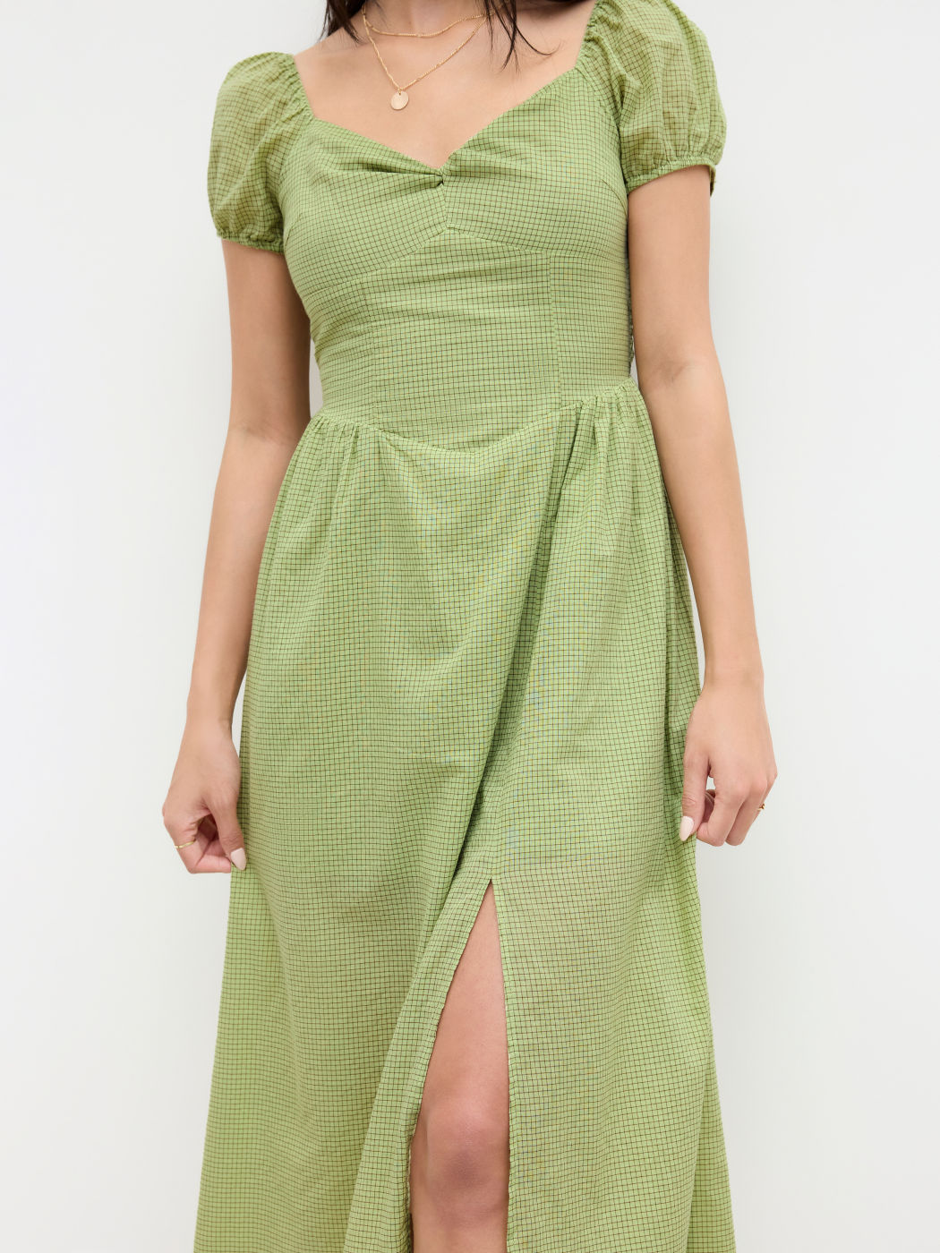 Cotton-blend V-neck Check Twist Split Midi Dress