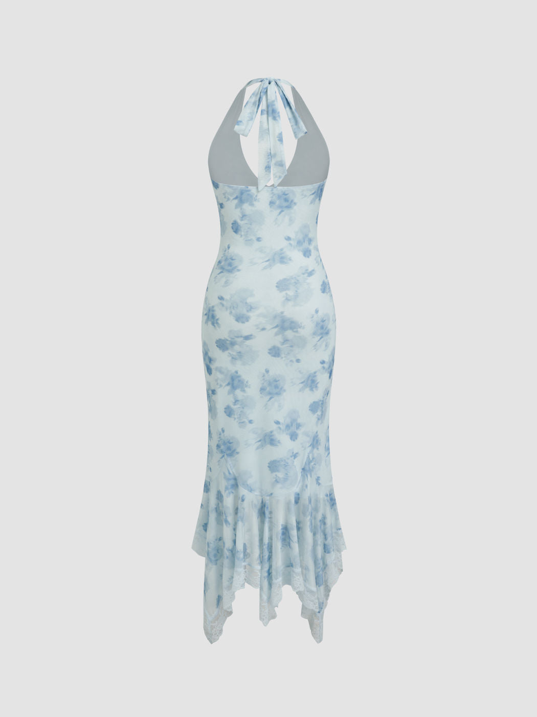 Halter Neckline Floral Ruched Lace Trim Ruffle Maxi Dress