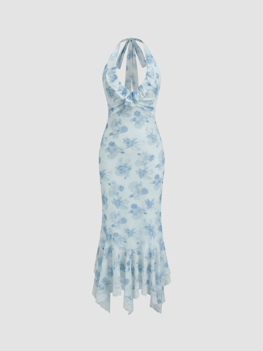 Halter Neckline Floral Ruched Lace Trim Ruffle Maxi Dress